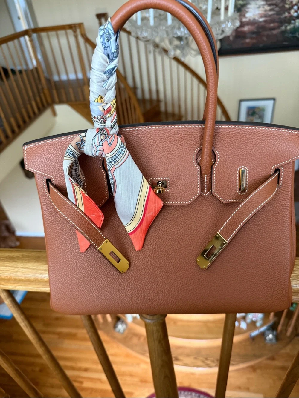 Pebbled Leather Togo  Top-Handle Satchel in gold on gold with Scarf accent 30CM
